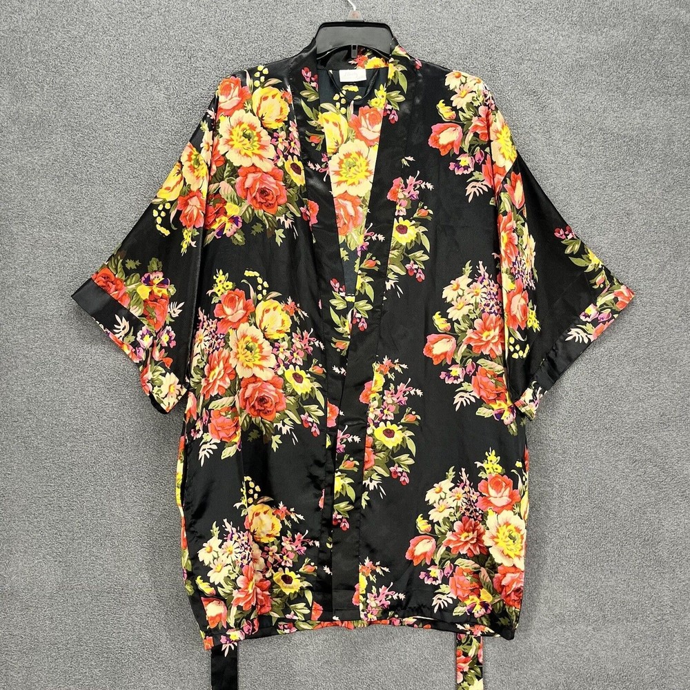 Mis Lovely Kimono Robe Women's Size M L Open Front Black Floral Belted